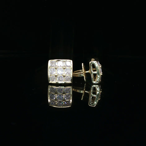 Men's Invisible-Set Princess Cut Grid Studs – 925 Sterling Silver | VVS Moissanite | 9-Stone "Big Rock" Design
