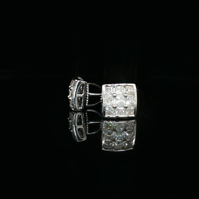 Men's Invisible-Set Princess Cut Grid Studs – 925 Sterling Silver | VVS Moissanite | 9-Stone "Big Rock" Design