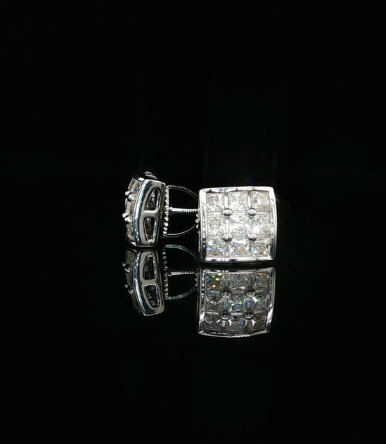 Men's Invisible-Set Princess Cut Grid Studs – 925 Sterling Silver | VVS Moissanite | 9-Stone "Big Rock" Design