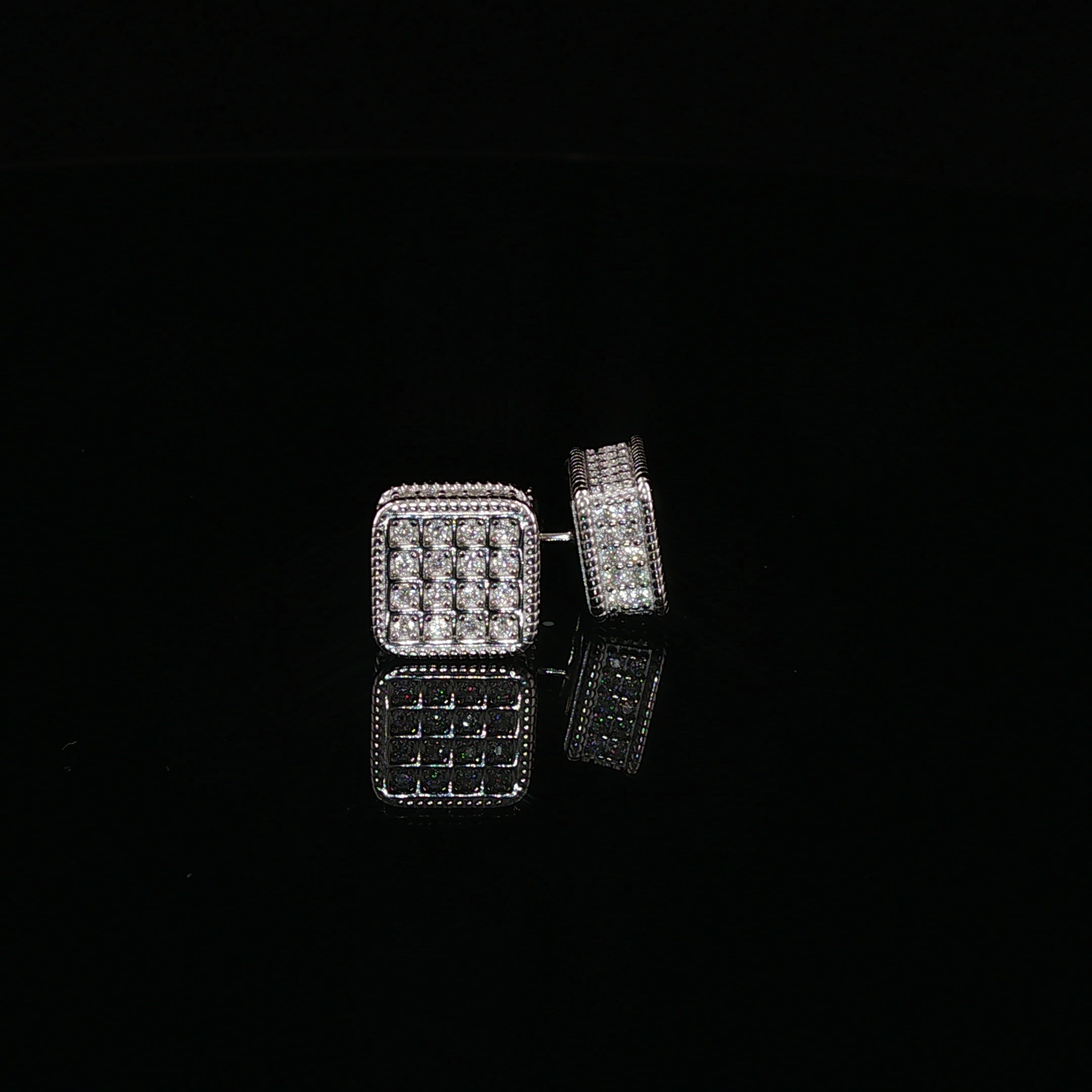 925 Sterling Silver Iced Out Square Grid Pave Stud Earring - 0.91Ctw Moissanite Available with Silver and Gold Finished