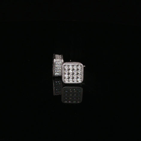 925 Sterling Silver Iced Out Square Grid Pave Stud Earring - 0.91Ctw Moissanite Available with Silver and Gold Finished