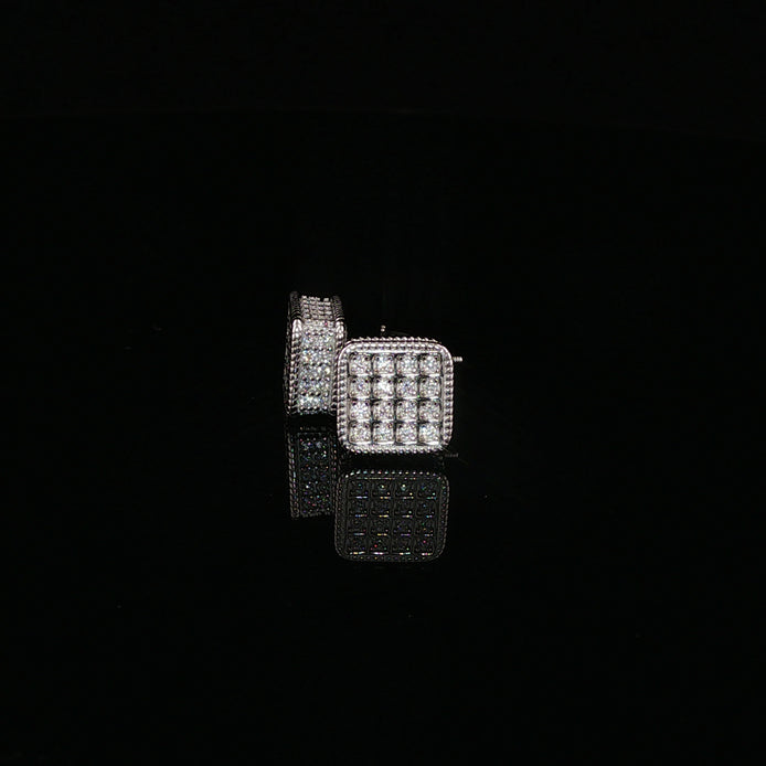 925 Sterling Silver Iced Out Square Grid Pave Stud Earring - 0.91Ctw Moissanite Available with Silver and Gold Finished