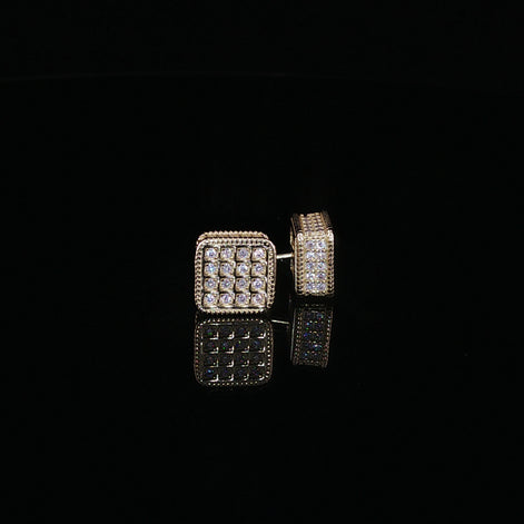 925 Sterling Silver Iced Out Square Grid Pave Stud Earring - 0.91Ctw Moissanite Available with Silver and Gold Finished