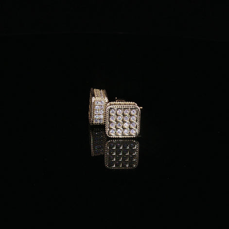 925 Sterling Silver Iced Out Square Grid Pave Stud Earring - 0.91Ctw Moissanite Available with Silver and Gold Finished