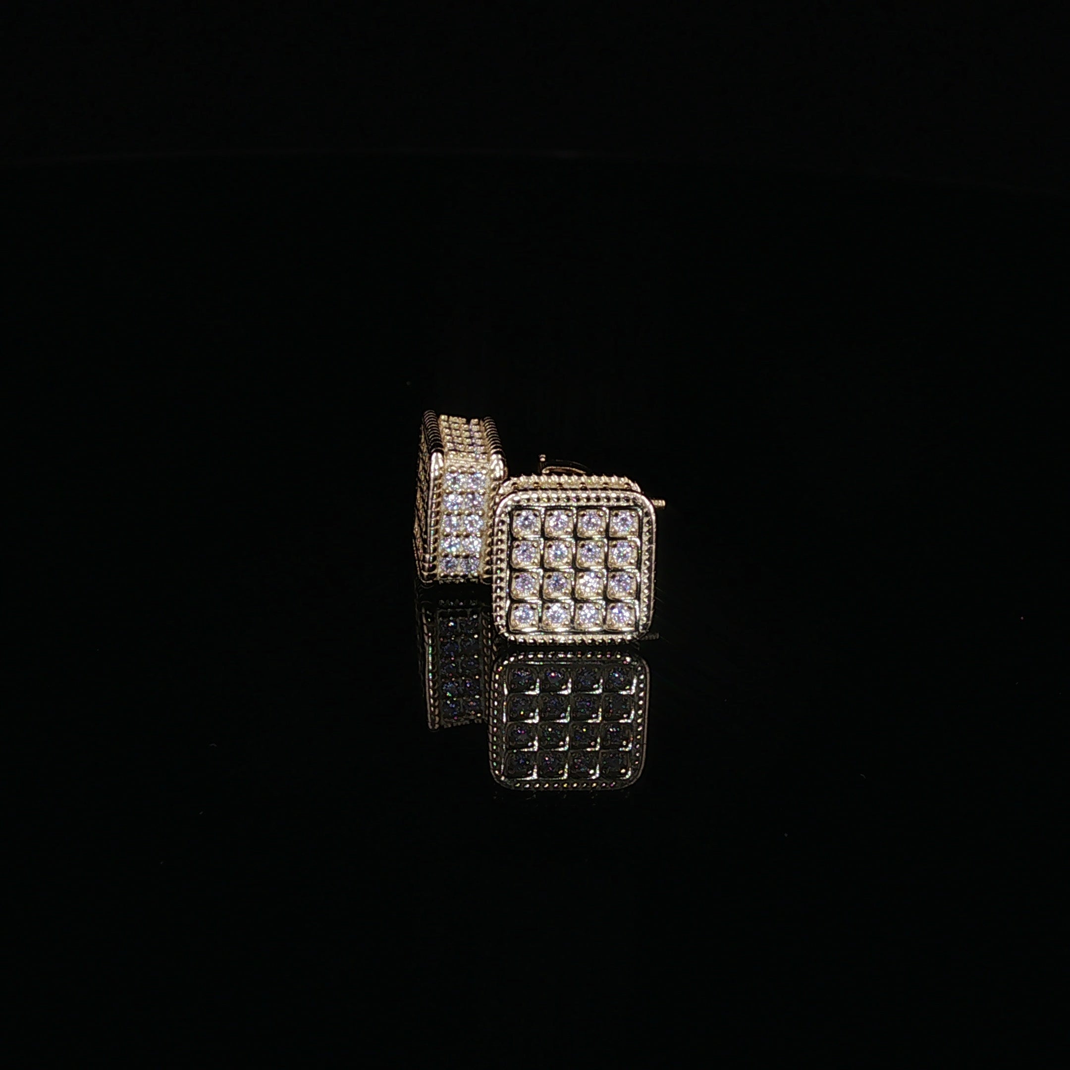 925 Sterling Silver Iced Out Square Grid Pave Stud Earring - 0.91Ctw Moissanite Available with Silver and Gold Finished
