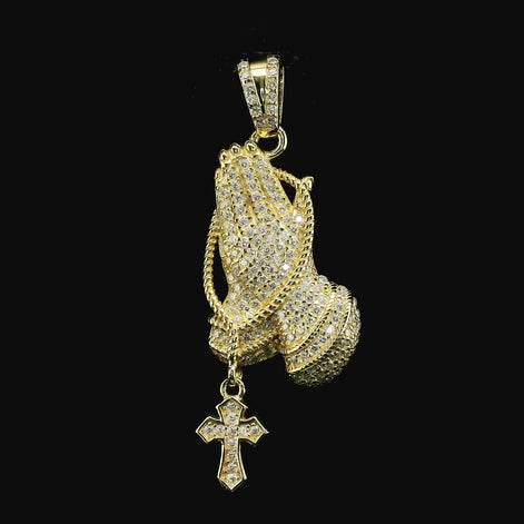 Iced Out Praying Hands Pendant with Cross | 32mm | VVS