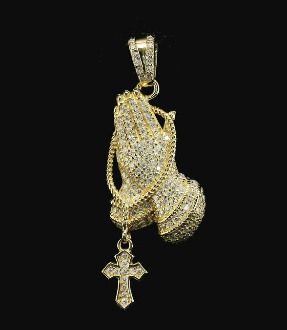Iced Out Praying Hands Pendant with Cross | 32mm | VVS