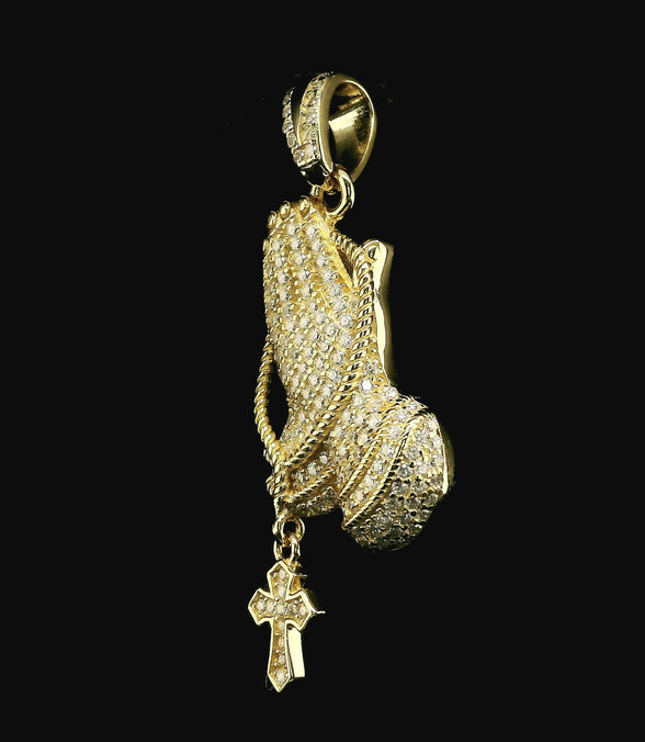 Iced Out Praying Hands Pendant with Cross | 32mm | VVS