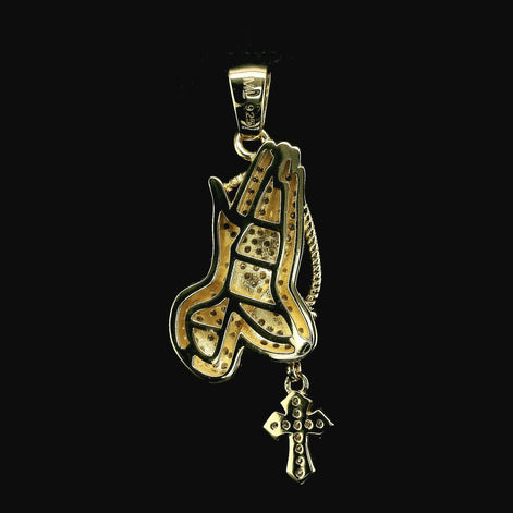 Iced Out Praying Hands Pendant with Cross | 32mm | VVS