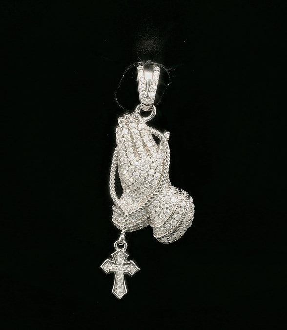 Iced Out Praying Hands Pendant with Cross | 32mm | VVS