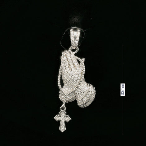 Iced Out Praying Hands Pendant with Cross | 32mm | VVS