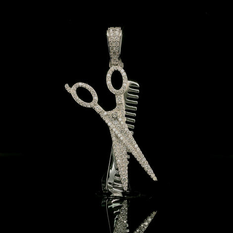 Men's Iced Out Moissanite Barber Shears & Comb Pendant | 0.83ct | 38mm | VVS