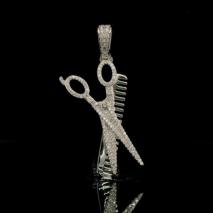 Men's Iced Out Moissanite Barber Shears & Comb Pendant | 0.83ct | 38mm | VVS