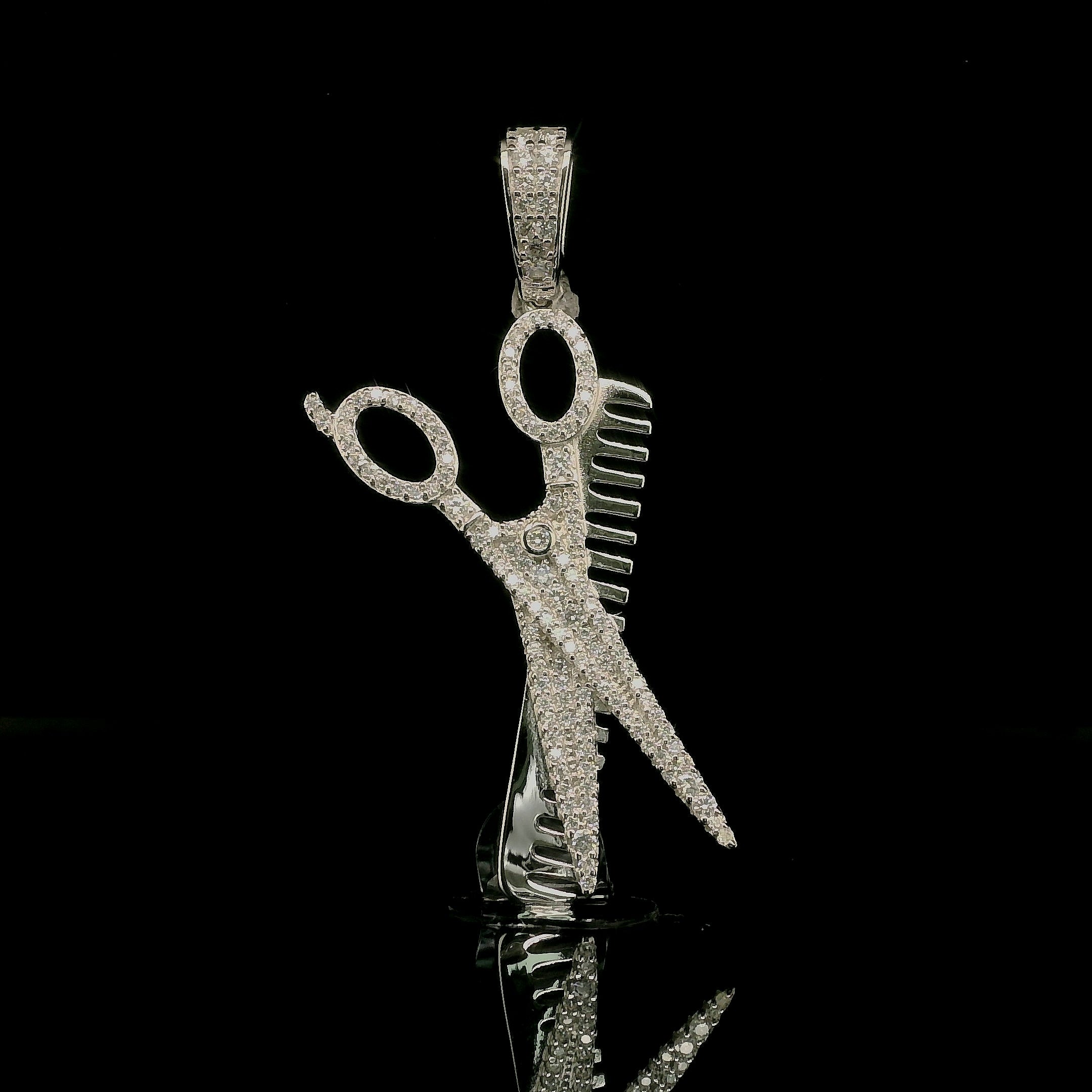 Men's Iced Out Moissanite Barber Shears & Comb Pendant | 0.83ct | 38mm | VVS