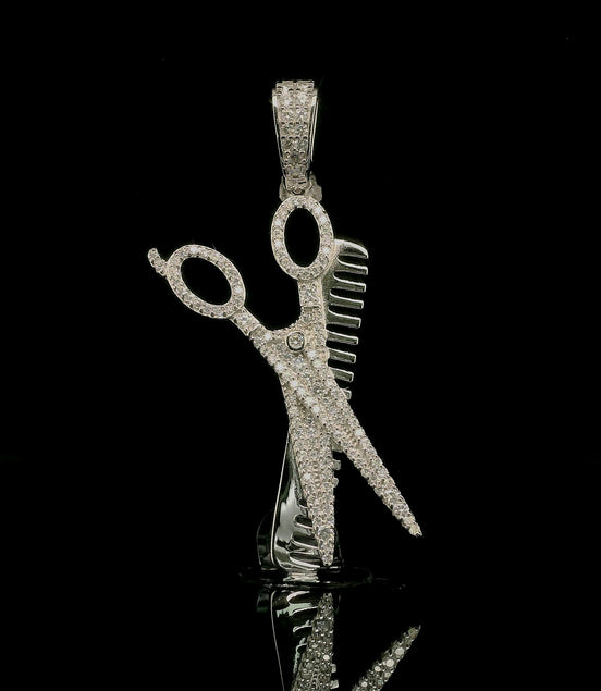Men's Iced Out Moissanite Barber Shears & Comb Pendant | 0.83ct | 38mm | VVS