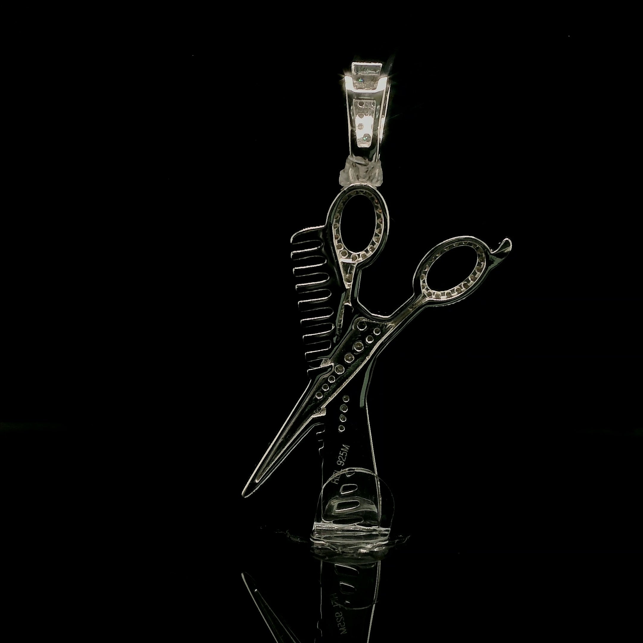 Men's Iced Out Moissanite Barber Shears & Comb Pendant | 0.83ct | 38mm | VVS