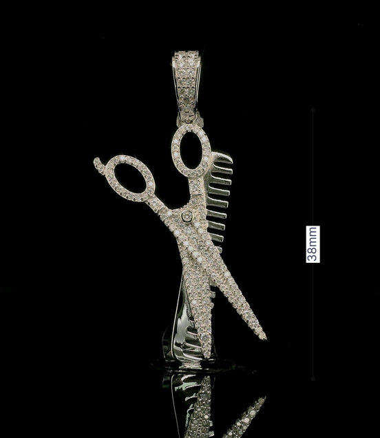 Men's Iced Out Moissanite Barber Shears & Comb Pendant | 0.83ct | 38mm | VVS