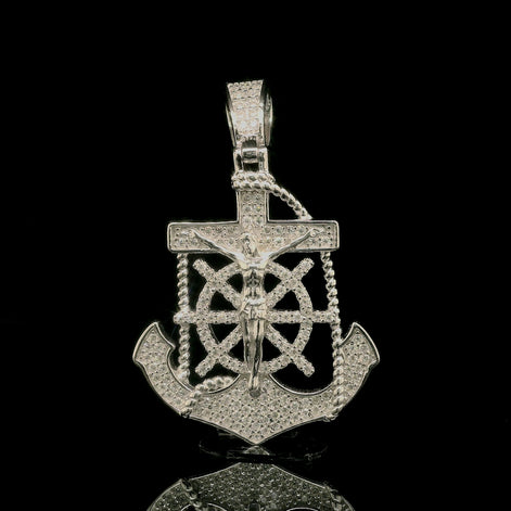 Men's Iced Out Crucifix Anchor Ship Wheel Pendant | 0.8ct | 30mm | VVS