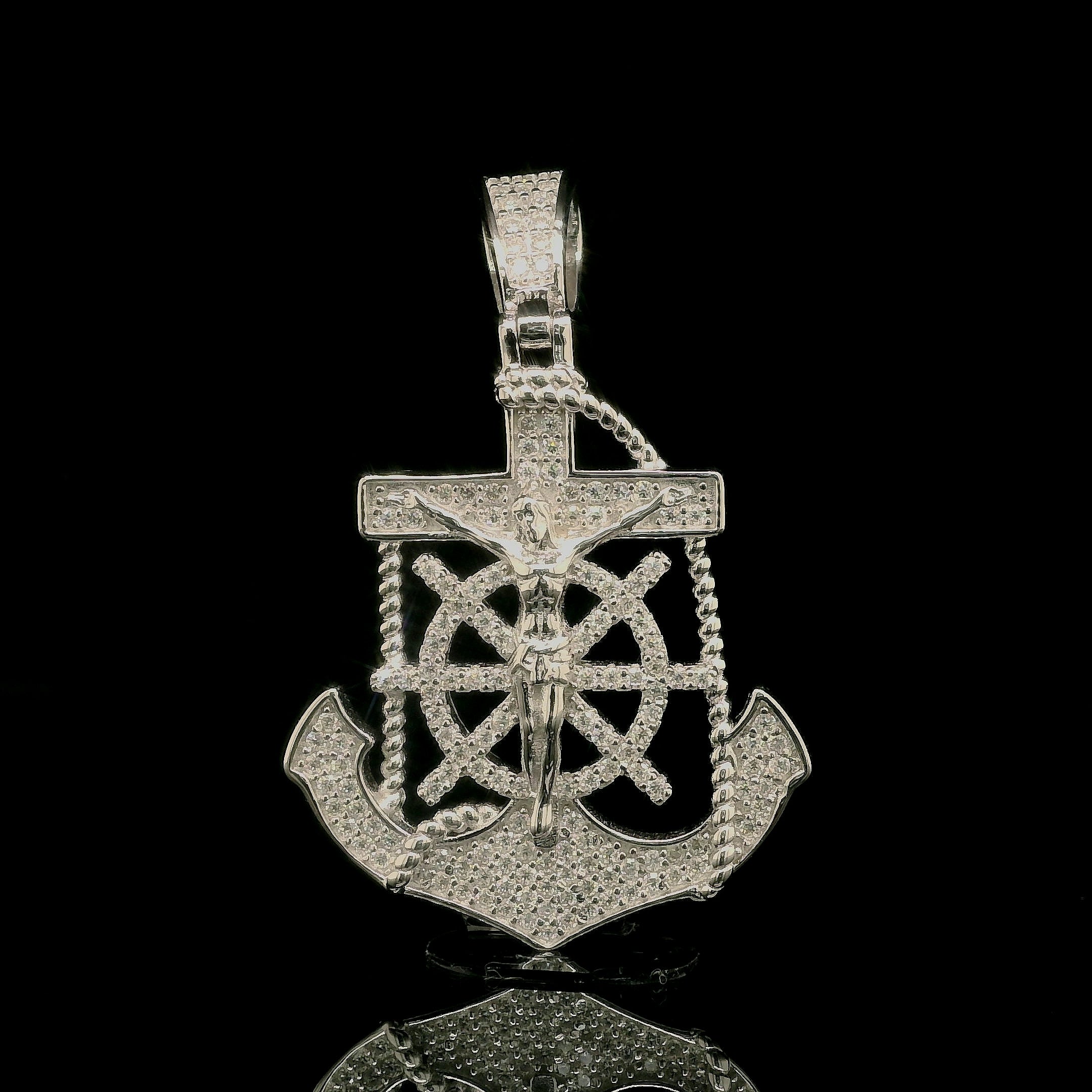 Men's Iced Out Crucifix Anchor Ship Wheel Pendant | 0.8ct | 30mm | VVS