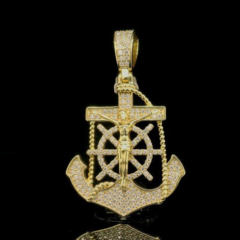 Men's Iced Out Crucifix Anchor Ship Wheel Pendant | 0.8ct | 30mm | VVS