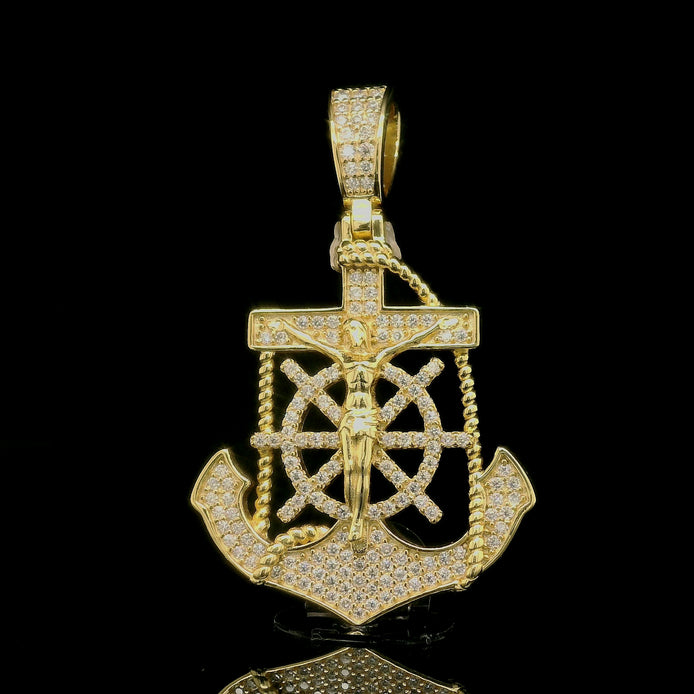 Men's Iced Out Crucifix Anchor Ship Wheel Pendant | 0.8ct | 30mm | VVS