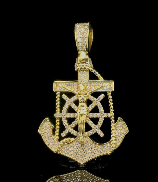 Men's Iced Out Crucifix Anchor Ship Wheel Pendant | 0.8ct | 30mm | VVS