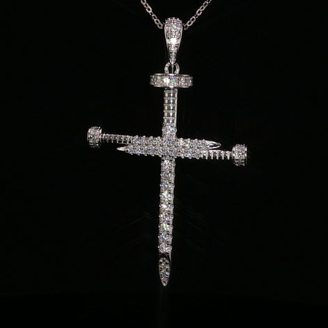 925 Sterling Silver Nail Cross Pendant - 0.72Ctw Moissanite Available with Silver and Gold Finished