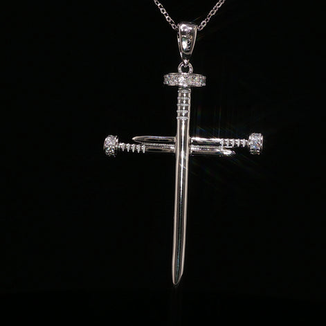 925 Sterling Silver Nail Cross Pendant - 0.72Ctw Moissanite Available with Silver and Gold Finished