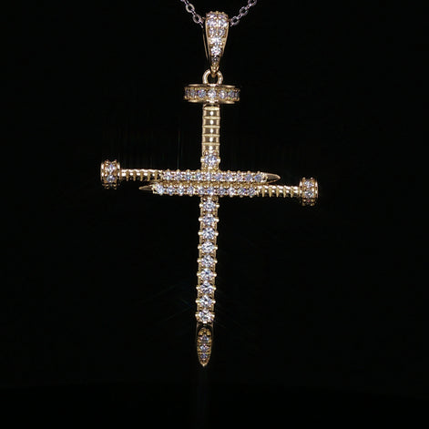 925 Sterling Silver Nail Cross Pendant - 0.72Ctw Moissanite Available with Silver and Gold Finished
