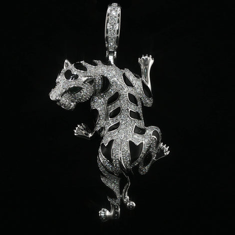 Iced Out Climbing Panther Pendant, 4 Ctw Moissanite, 925 Sterling Silver, Black Enamel Leopard Necklace, Silver or Gold Color - 56mm
