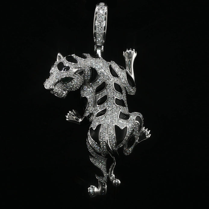 Iced Out Climbing Panther Pendant, 4 Ctw Moissanite, 925 Sterling Silver, Black Enamel Leopard Necklace, Silver or Gold Color - 56mm