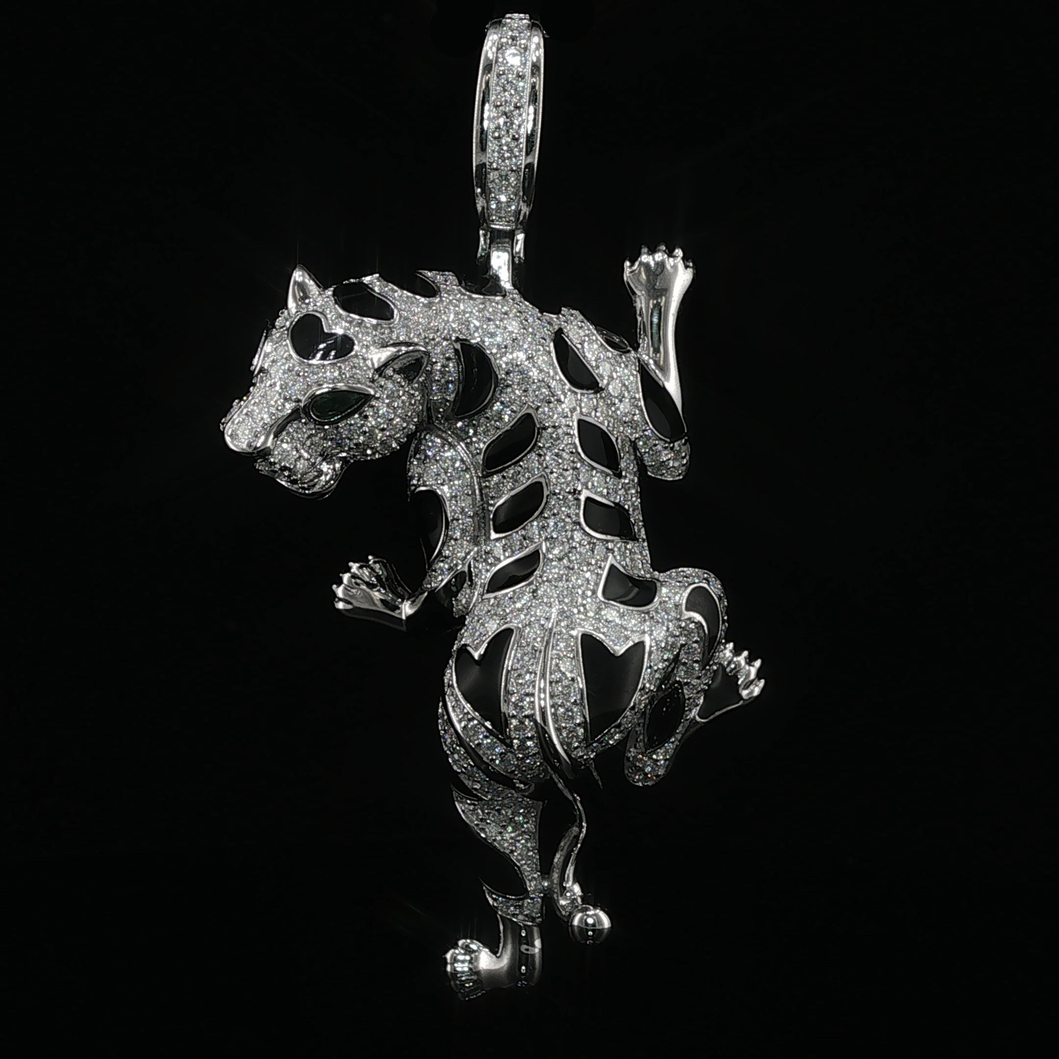 Iced Out Climbing Panther Pendant, 4 Ctw Moissanite, 925 Sterling Silver, Black Enamel Leopard Necklace, Silver or Gold Color - 56mm