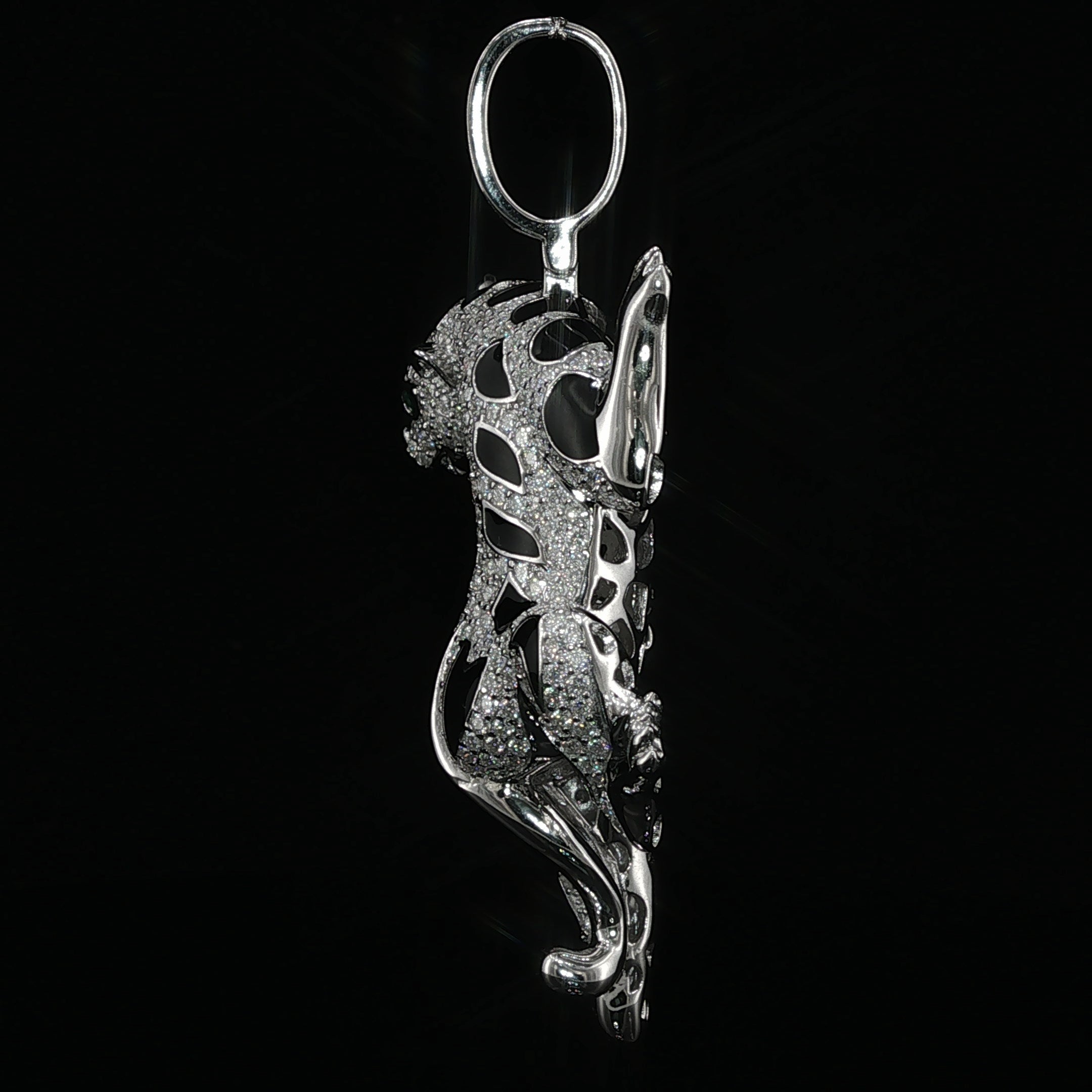 Iced Out Climbing Panther Pendant, 4 Ctw Moissanite, 925 Sterling Silver, Black Enamel Leopard Necklace, Silver or Gold Color - 56mm