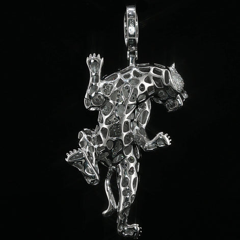 Iced Out Climbing Panther Pendant, 4 Ctw Moissanite, 925 Sterling Silver, Black Enamel Leopard Necklace, Silver or Gold Color - 56mm
