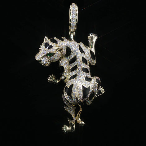 Iced Out Climbing Panther Pendant, 4 Ctw Moissanite, 925 Sterling Silver, Black Enamel Leopard Necklace, Silver or Gold Color - 56mm