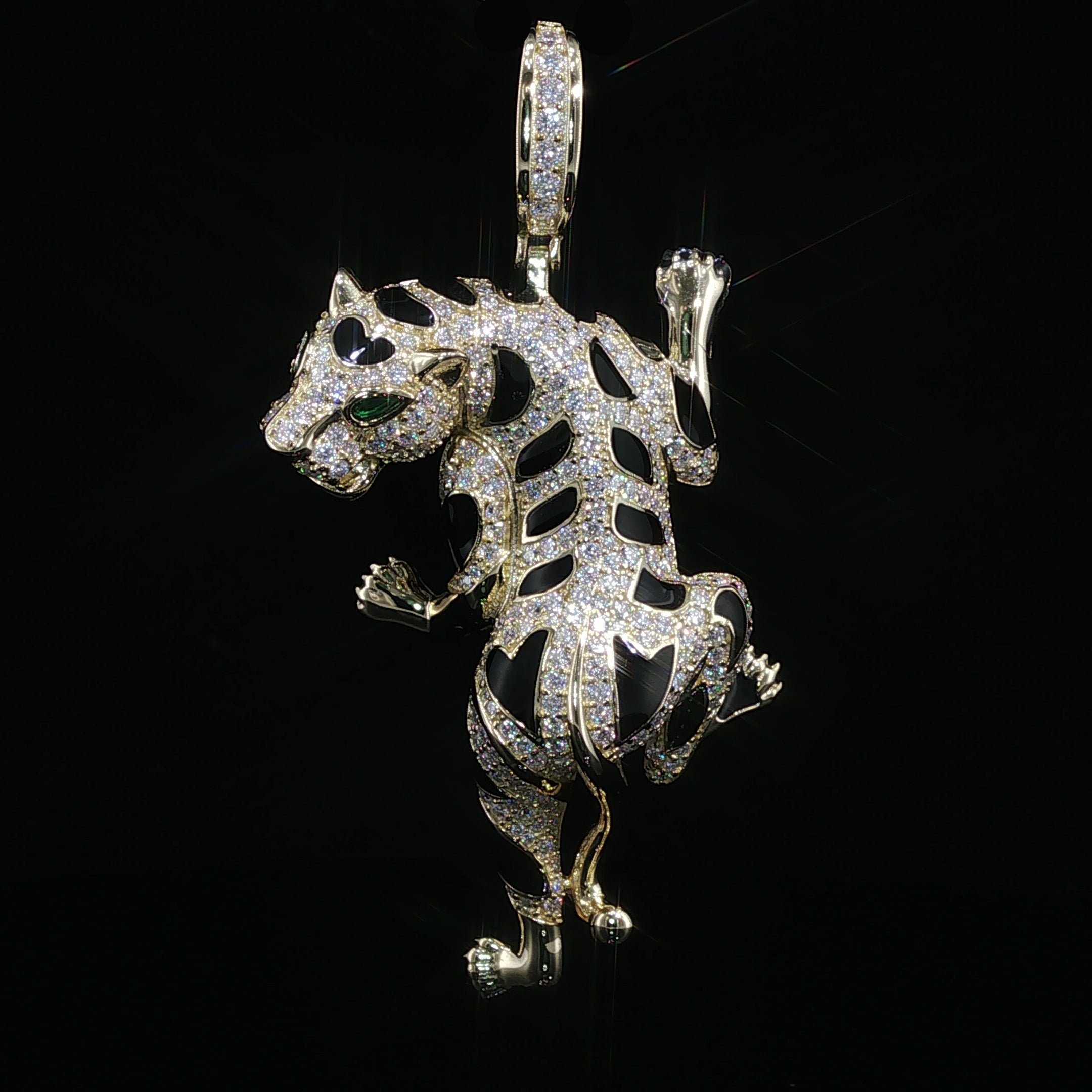 Iced Out Climbing Panther Pendant, 4 Ctw Moissanite, 925 Sterling Silver, Black Enamel Leopard Necklace, Silver or Gold Color - 56mm