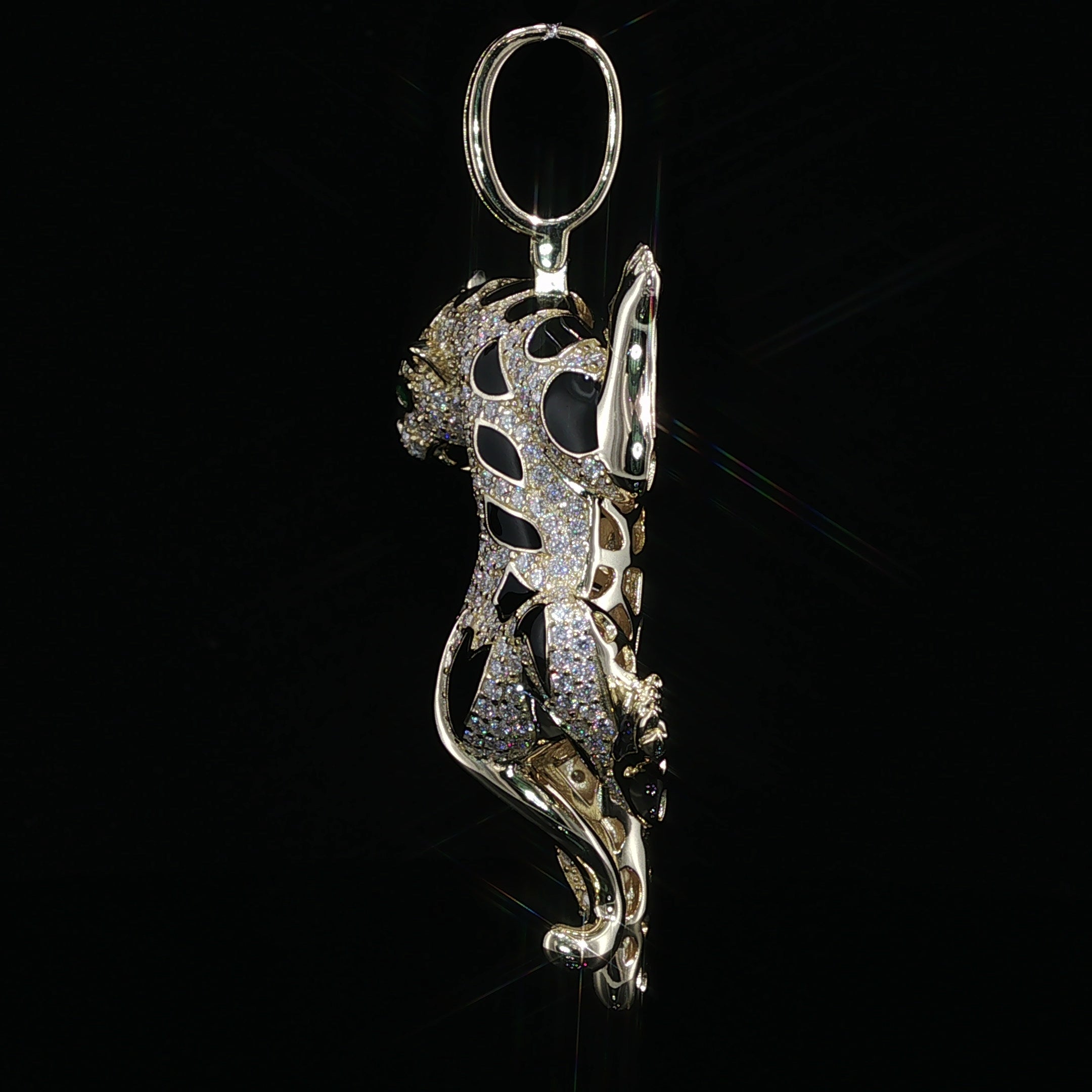 Iced Out Climbing Panther Pendant, 4 Ctw Moissanite, 925 Sterling Silver, Black Enamel Leopard Necklace, Silver or Gold Color - 56mm
