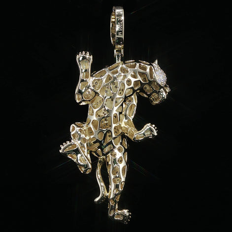 Iced Out Climbing Panther Pendant, 4 Ctw Moissanite, 925 Sterling Silver, Black Enamel Leopard Necklace, Silver or Gold Color - 56mm