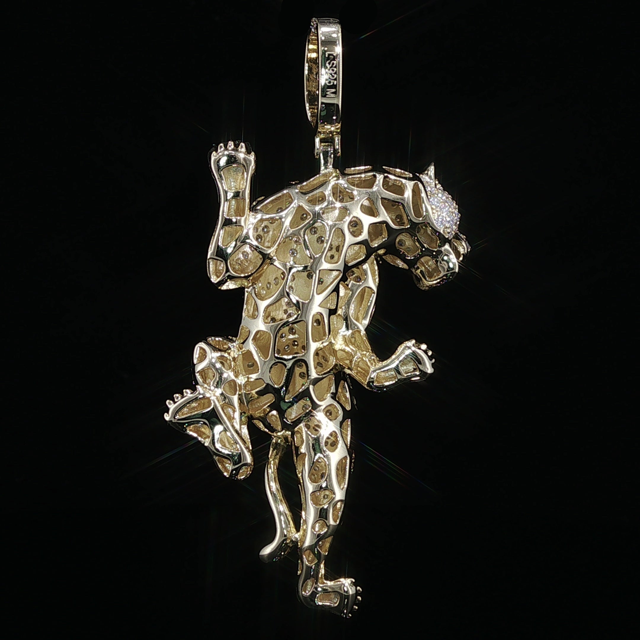 Iced Out Climbing Panther Pendant, 4 Ctw Moissanite, 925 Sterling Silver, Black Enamel Leopard Necklace, Silver or Gold Color - 56mm