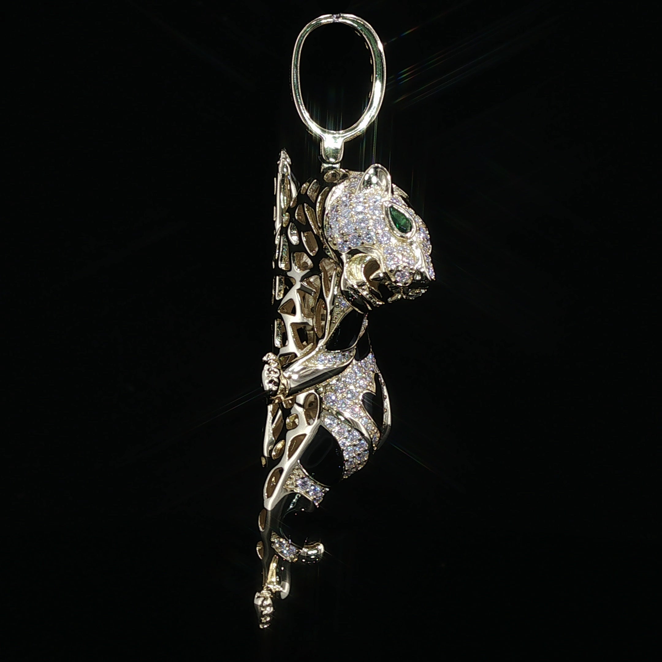 Iced Out Climbing Panther Pendant, 4 Ctw Moissanite, 925 Sterling Silver, Black Enamel Leopard Necklace, Silver or Gold Color - 56mm