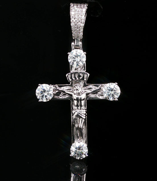 Men's Iced Out Crucifix Cross Pendant – 925 Sterling Silver | VVS Moissanite Solitaire Accents