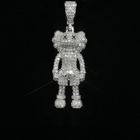 Iced Out X-Eye Bear Figure Pendant | 925 Sterling Silver | 2.31 ctw Moissanite | Silver & Gold color - 33.4 mm