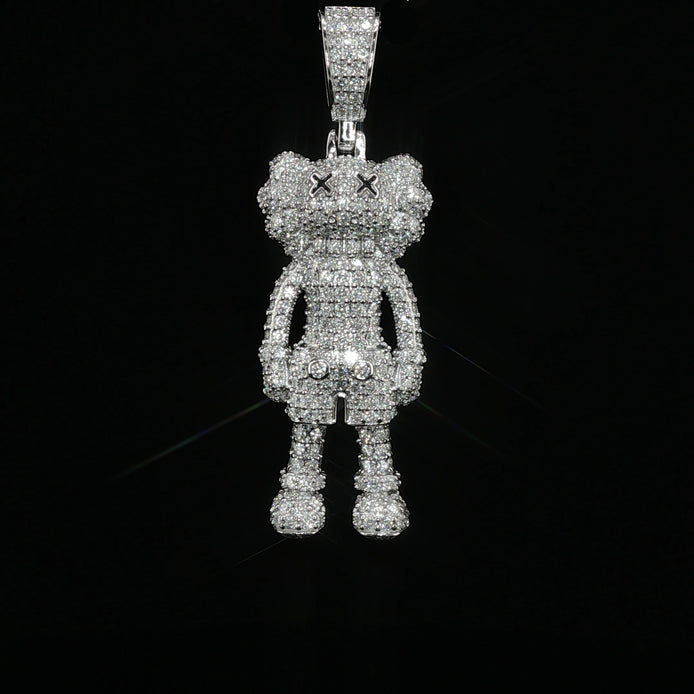 Iced Out X-Eye Bear Figure Pendant | 925 Sterling Silver | 2.31 ctw Moissanite | Silver & Gold color - 33.4 mm