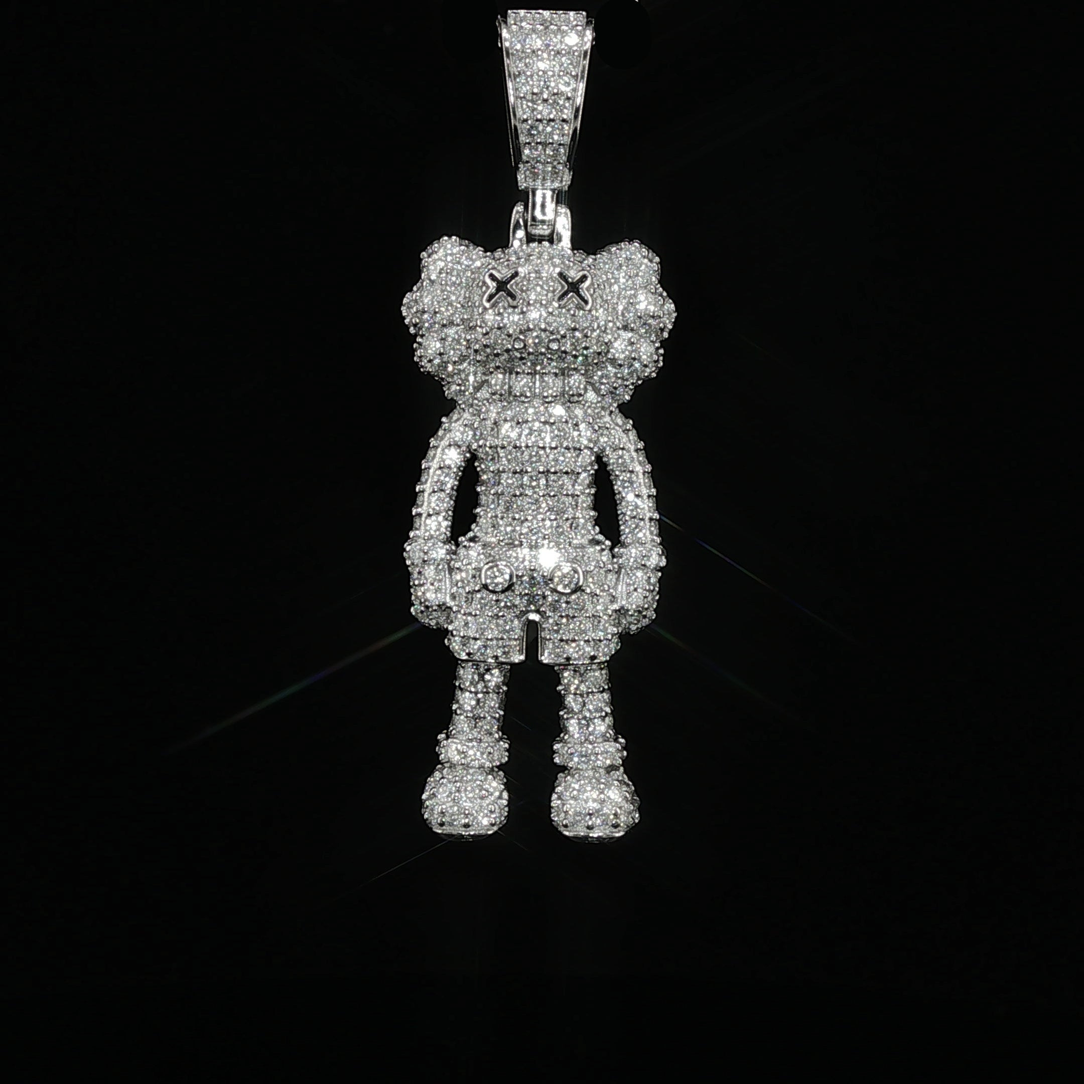 Iced Out X-Eye Bear Figure Pendant | 925 Sterling Silver | 2.31 ctw Moissanite | Silver & Gold color - 33.4 mm