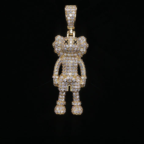 Iced Out X-Eye Bear Figure Pendant | 925 Sterling Silver | 2.31 ctw Moissanite | Silver & Gold color - 33.4 mm
