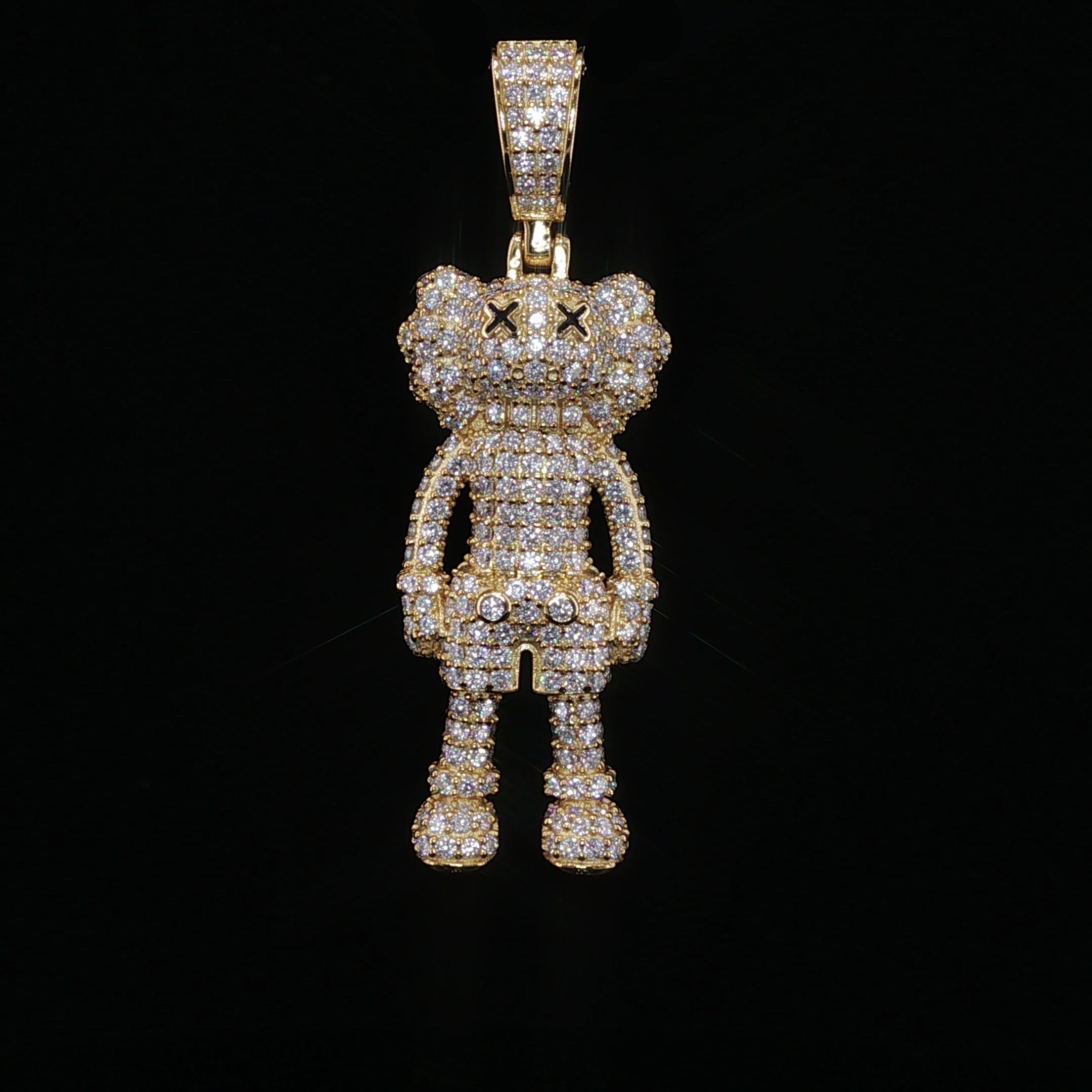Iced Out X-Eye Bear Figure Pendant | 925 Sterling Silver | 2.31 ctw Moissanite | Silver & Gold color - 33.4 mm