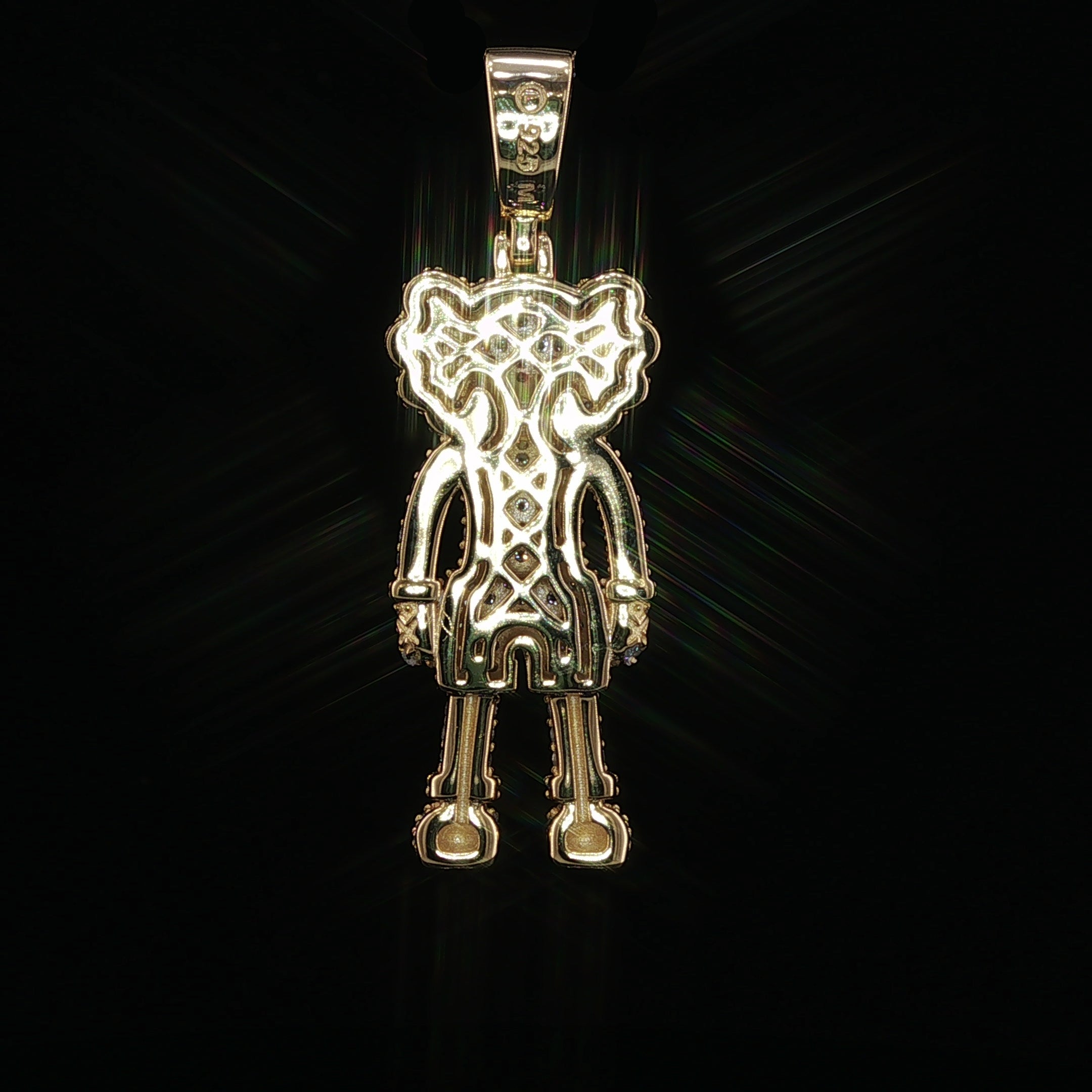 Iced Out X-Eye Bear Figure Pendant | 925 Sterling Silver | 2.31 ctw Moissanite | Silver & Gold color - 33.4 mm