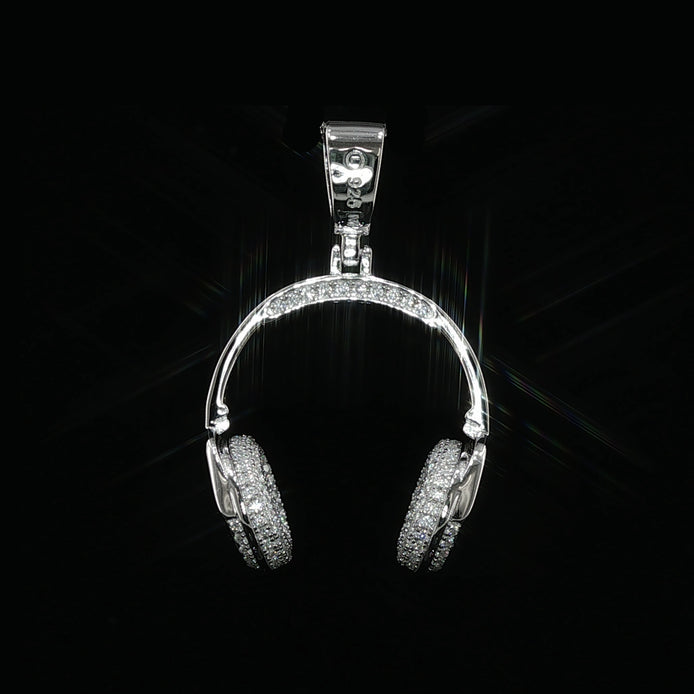Iced Out Headphones Pendant, 1.68 Ctw Moissanite, 925 Sterling Silver, DJ Music Necklace, Silver or Gold Color - 25mm