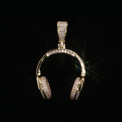 Iced Out Headphones Pendant, 1.68 Ctw Moissanite, 925 Sterling Silver, DJ Music Necklace, Silver or Gold Color - 25mm