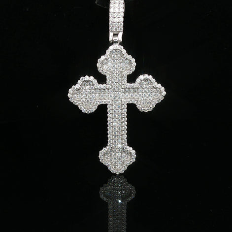 Men's Iced Out Budded Cross Pendant – 925 Sterling Silver | VVS Moissanite | Ornate Scalloped Design
